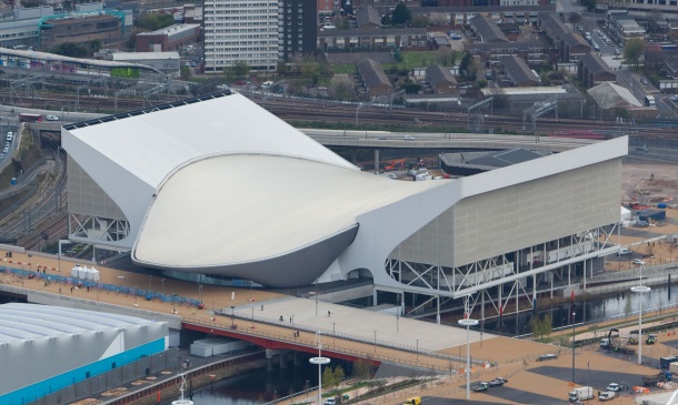 Aerial view of the Olympic Park showing the Aquatics Centre and the Water Polo arena. Picture taken on 16th April 2012 by Anthony Charlton.